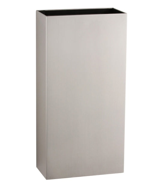 The Bobrick B-9279 is a 6-gallon surface-mounted waste receptacle in stainless steel.