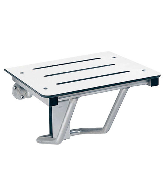 The Bobrick B-5191 is a compact folding shower seat in white vinyl.