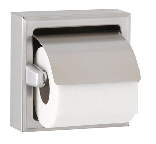 The Bobrick B-66997 is a surface-mounted toilet paper dispenser with a hood in stainless steel.