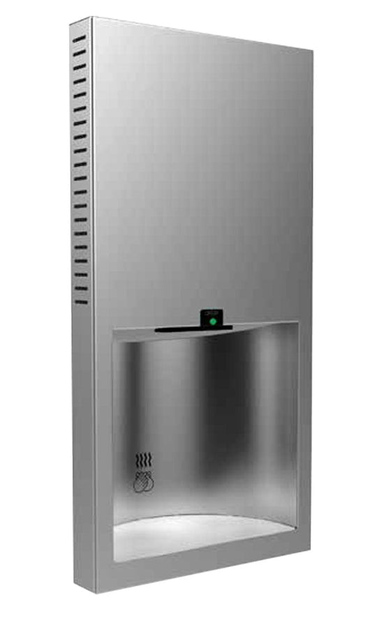 The Bobrick B-3725 is an ADA-compliant recessed hand dryer in a satin finish.