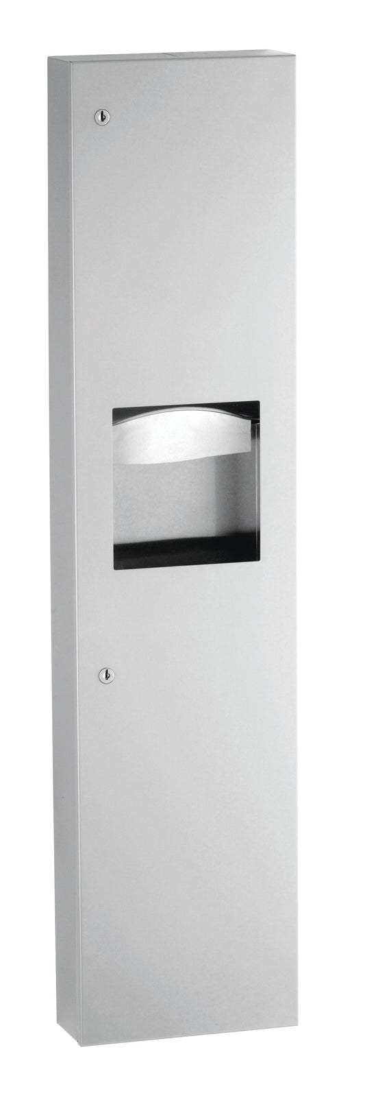 The 380349 surface-mounted paper towel dispenser and waste receptacle from Bobrick in its satin finish.