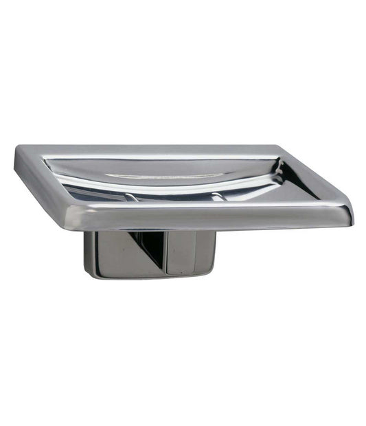 The B-680 Surface-Mounted Soapdish from Bobrick in a bright-polished finish.