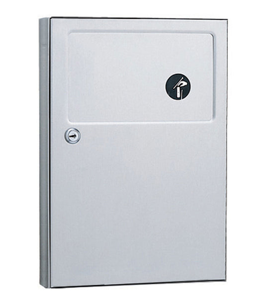 The Bobrick B-254 is a surface-mounted 0.5-gallon sanitary napkin disposal unit in stainless steel.