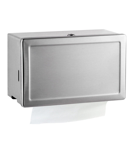 The Bobrick B-263 is a surface-mounted single-fold paper towel dispenser in stainless steel.