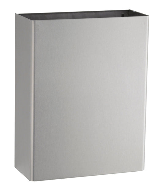 The Bobrick B-279 is a 6.4-gallon surface-mounted waste receptacle in stainless steel.