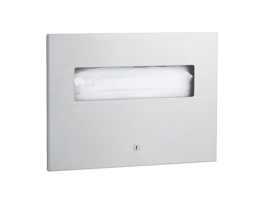 The Bobrick B-3013 is a recessed toilet seat cover dispenser in stainless steel with a satin finish.
