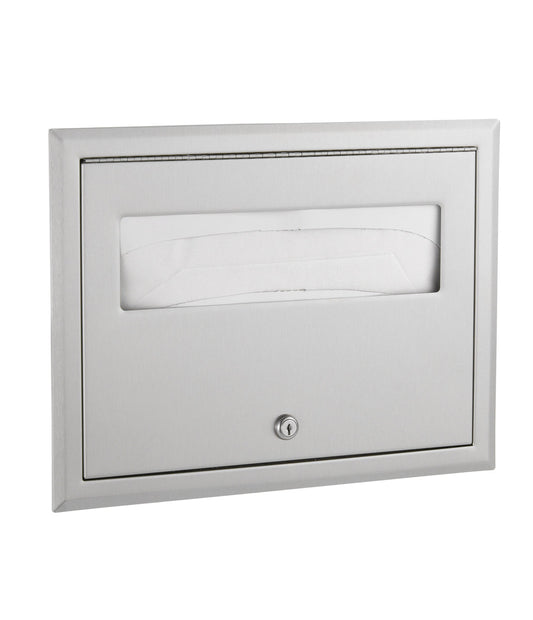 The Bobrick B-301 is a recessed toilet seat cover dispenser in stainless steel with a matte black finish.