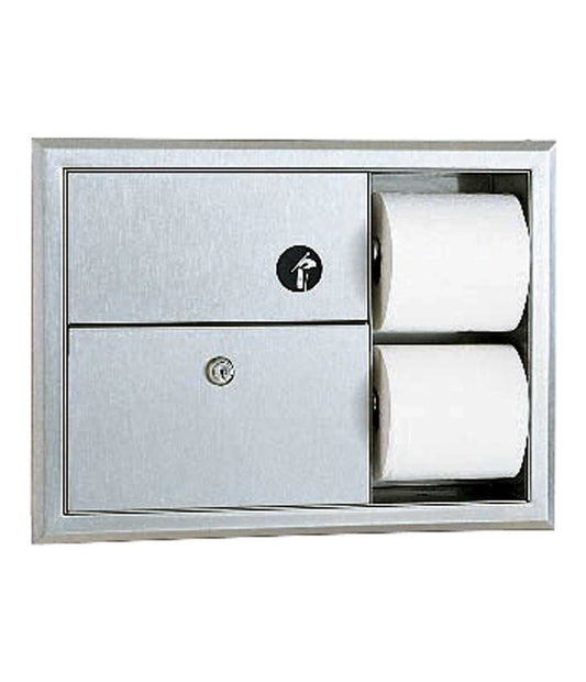 The Bobrick B-3094 is a recessed 3/4 gallon sanitary napkin disposal unit and toilet tissue dispenser in stainless steel.