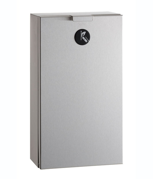 The Bobrick B-35139 is a surface-mounted 0.6-gallon sanitary napkin disposal bin in stainless steel with a satin finish.