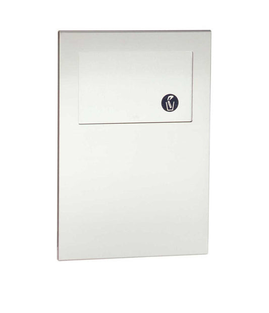 The Bobrick B-35303 is a recessed 1/2 gallon sanitary napkin disposal unit in stainless steel with a satin finish.
