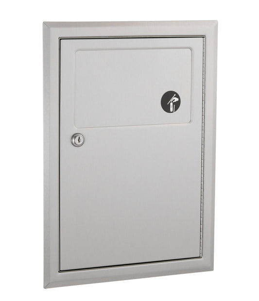 The Bobrick B-353 is a recessed 1/2 gallon sanitary napkin disposal unit in stainless steel.