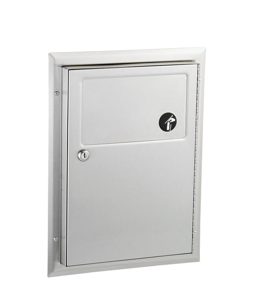 The Bobrick B-354 is a partition-mounted 1/2 gallon sanitary napkin disposal unit in stainless steel.