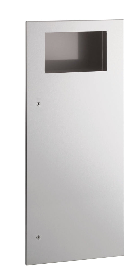 The Bobrick B-35643 is a 12-gallon recessed waste receptacle in stainless steel with a satin finish.