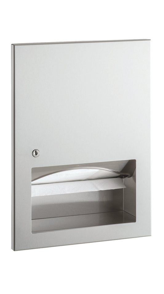 The Bobrick B-359033 is a recessed paper towel dispenser in stainless steel with a satin finish.