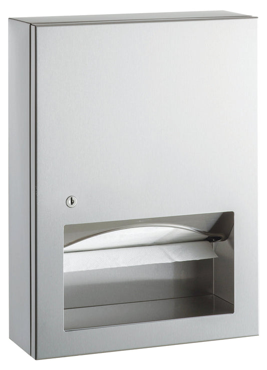The Bobrick B-359039 is a surface-mounted paper towel dispenser in stainless steel in a satin finish.