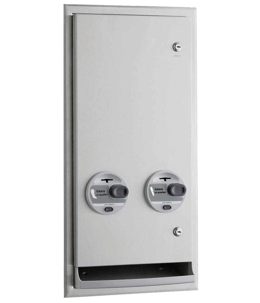 The B-3706T is a recessed or semi-recessed napkin and tampon vendor that vends using Bobrick Tokens.