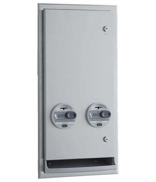 The Bobrick B-3706 25 is a recessed or semi-recessed napkin and tampon dispenser.