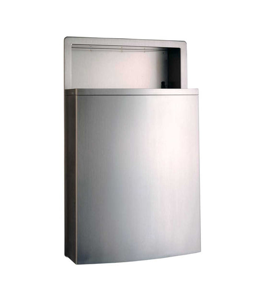 The Bobrick B-43644 is a 12.8-gallon recessed waste receptacle in stainless steel.