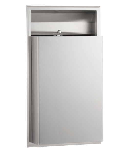 The Bobrick B-3644 is a 12-gallon recessed waste receptacle in stainless steel with a satin finish.