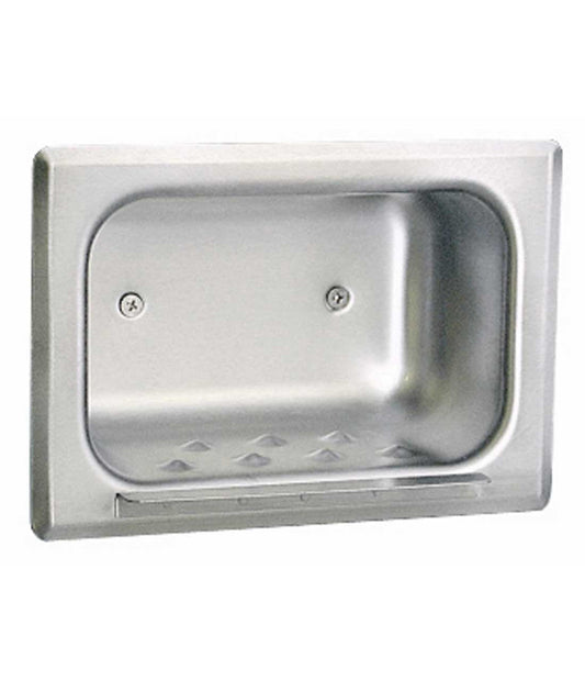 The Bobrick B-4380 is a recessed heavy-duty soap dish in stainless steel.