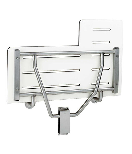 The Bobrick B-5181 is a reversible folding shower seat with left- or right-hand field installation.