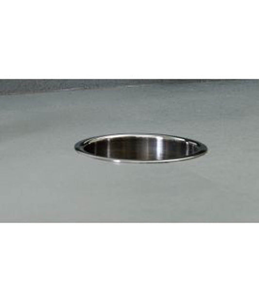 The Bobrick B-532 is a countertop-mounted circular waste chute in stainless steel.