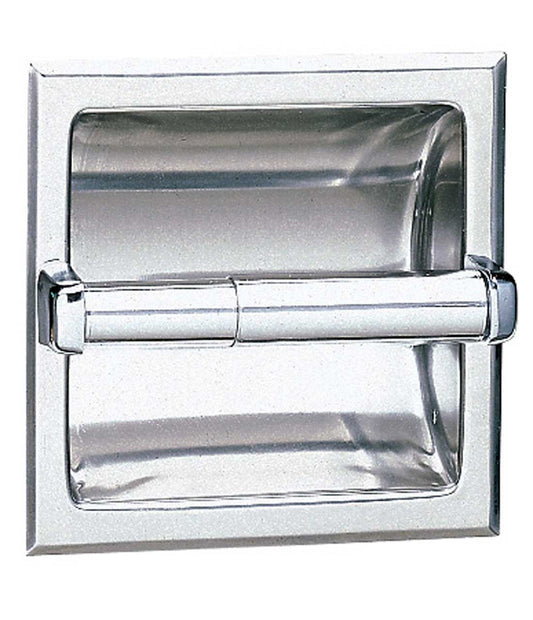 The Bobrick B-6677 is a recessed toilet tissue dispenser in stainless steel.