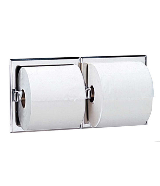 The Bobrick B-697 is a recessed bright-polished toilet tissue dispenser in stainless steel with a bright-polished finish.