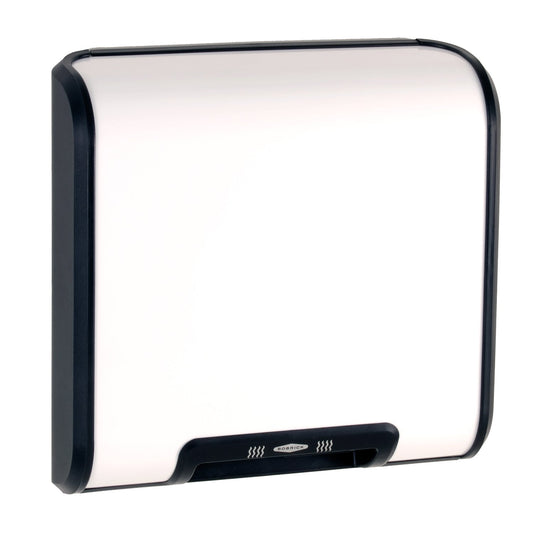 The Bobrick B-7120 is an ADA-compliant, surface-mounted hand dryer in a durable, zinc-plated steel with a white epoxy cover with black plastic trim.