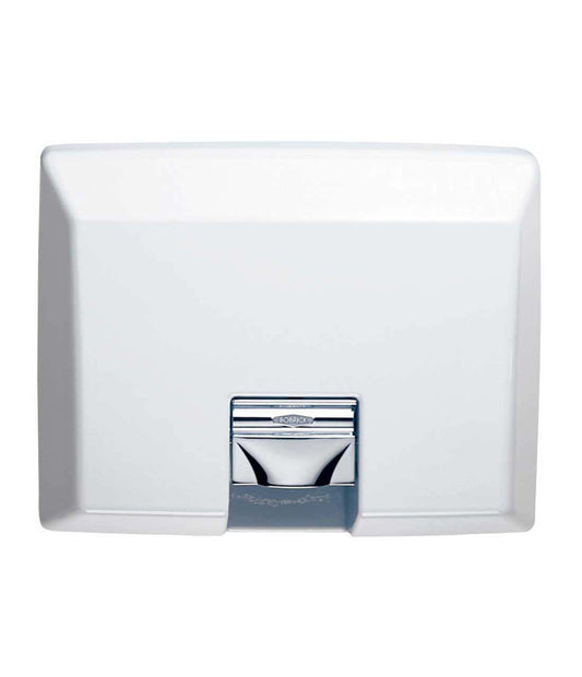 The Bobrick B-750 is a recessed ADA-compliant hand dryer with a white enamel finish.