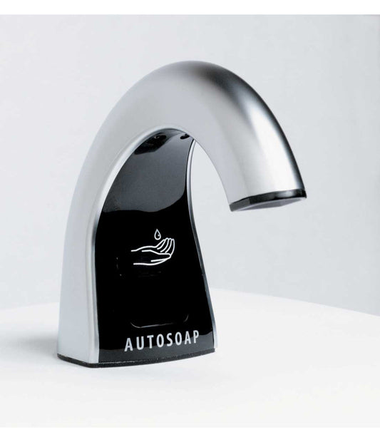 The Bobrick B-826 is an automatic, touch-free liquid soap dispenser with a bright polished chrome spout.