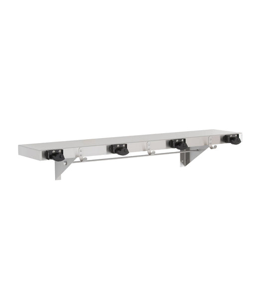 The Bobrick B-224x36 is a mop holder, shelf, and rag hook in stainless steel.