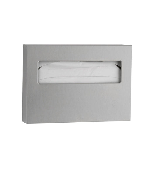 The Bobrick B-221 is a surface-mounted toilet seat cover dispenser in stainless steel with a satin finish.