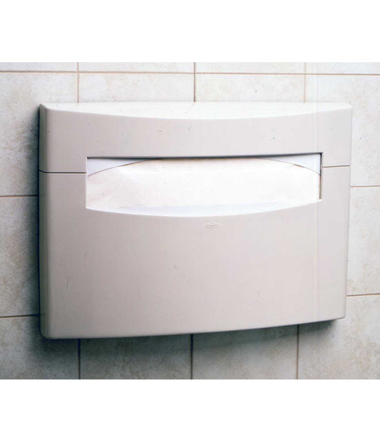 The Bobrick B-5221 is a surface-mounted toilet seat cover dispenser in grey ABS plastic.
