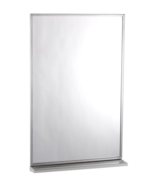 The Bobrick B-166 Series is a channel-framed mirror and shelf combo in stainless steel with a bright polished finish.