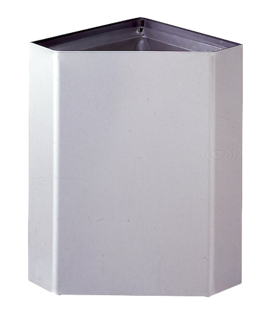 The Bobrick B-268 is a 13.4-gallon surface-mounted corner waste bin in stainless steel.