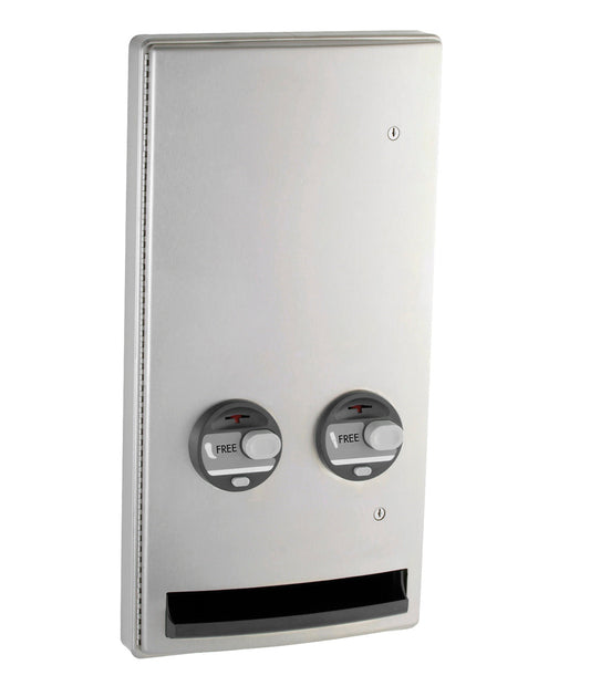 The Bobrick B-47064C is a semi-recessed free vending feminine hygiene product dispenser in stainless steel with a satin finish