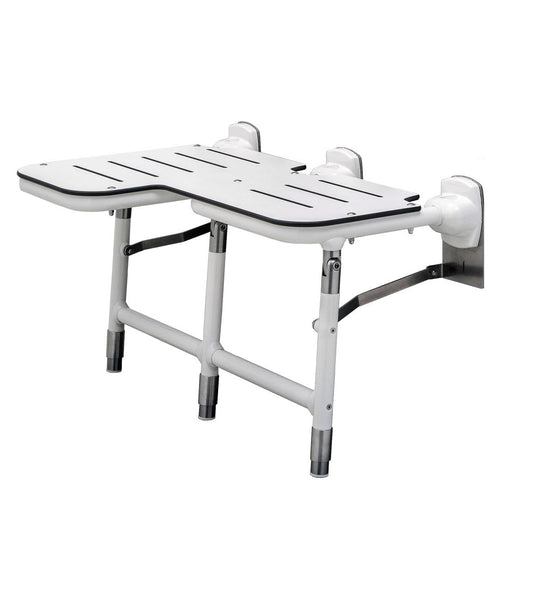 The Bobrick B-918116 is a bariatric fold down shower seat made of white-colored thick solid phenolic.