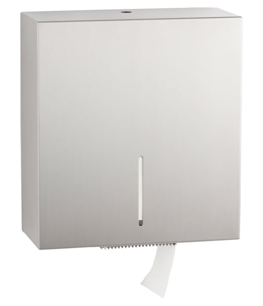 The Bobrick B-9890 is a surface-mounted jumbo toilet paper dispenser in stainless steel with a satin finish.