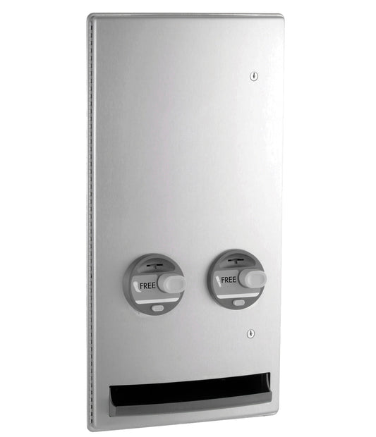 The Bobrick B-4706C is a recessed menstrual product dispenser in stainless steel with a satin finish that uses a free vending option.