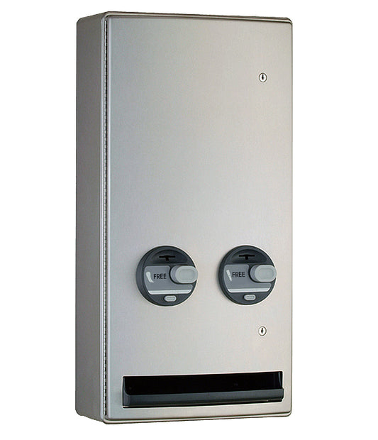 The Bobrick B-47069C is a surface-mounted pad and tampon dispenser in stainless steel with a satin finish.