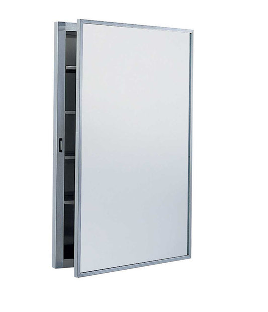 The Bobrick B-398 is a recessed medicine cabinet with four adjustable shelves in stainless steel.