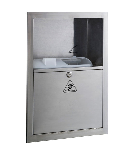 The Bobrick B-35016 is a recessed mounted needle disposal bin in stainless steel.