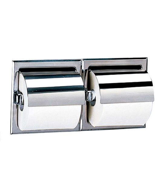 The Bobrick B-699 is a recessed toilet tissue dispenser with a hood.