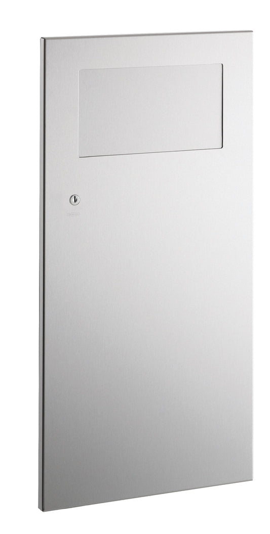 The Bobrick B-35633 is a 3-gallon recessed waste receptacle with a door in stainless steel with a satin finish.
