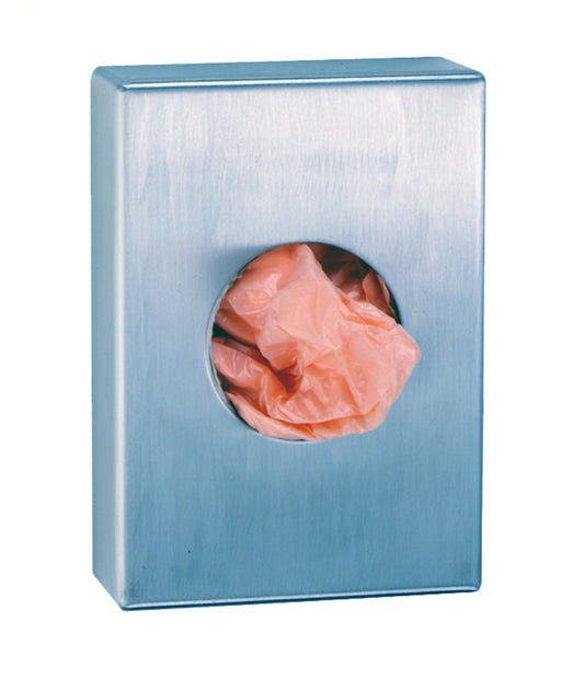The Bobrick B-3541 is a surface-mounted sanitary napkin disposal bag dispenser in stainless steel.