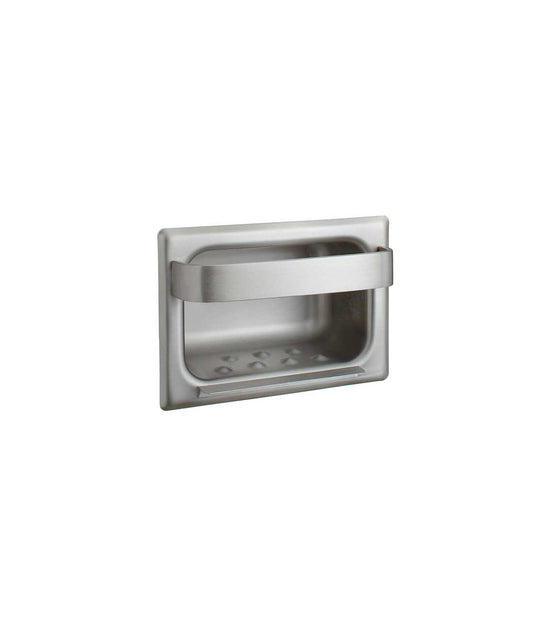 The Bobrick B-4390 is a recessed soap dish and bar in stainless steel.
