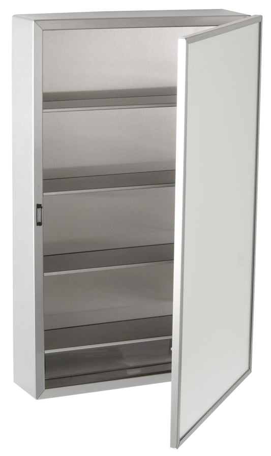 The Bobrick B-299 is a surface-mounted medicine cabinet with four adjustable shelves in stainless steel.