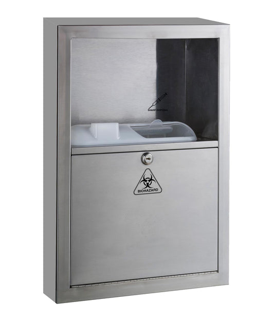 The Bobrick B-350169 is a surface-mounted sharps disposal unit in stainless steel.