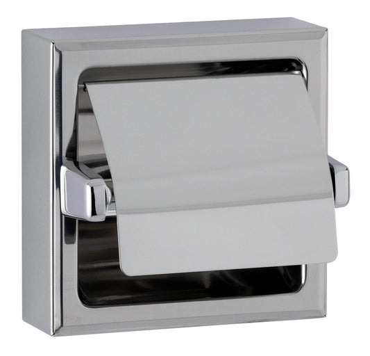 The Bobrick B-6699 is a surface-mounted toilet tissue dispenser with a hood in bright-polished stainless steel.
